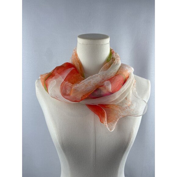 Women’s 100% Silk Orange, White, & Green Ruffled Scarf - Picture 5 of 5